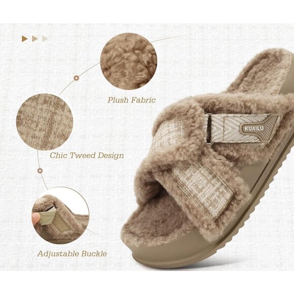 Women's Light Brown Fuzzy Furry Faux Fur Cross Band Arch Open Slippers Shoes - Picture 3 of 8